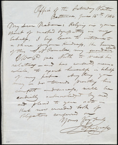 Letter from J. E. Snodgrass, Office of the Saturday Visiter [sic], Baltimore, [MD], to Maria Weston Chapman, June 15th, 1846