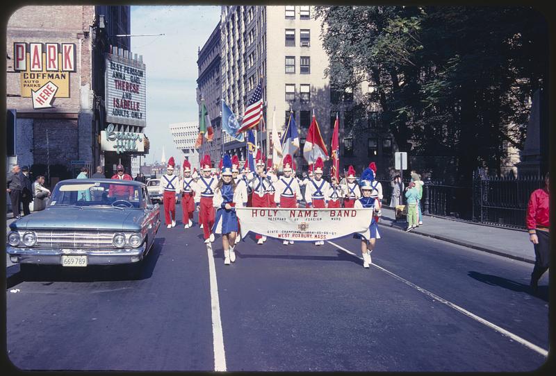 Holy Name Band in parade, Tremont Street, Boston