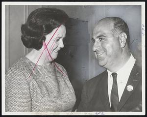 Rivals Cross Trails on campaign circuit in final weekend of mayoral fight. Mrs. Louise Day Hicks and businessman Nicholas Abraham pose for pictures at State Club candidates' forum at Harvard Club.