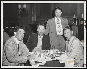New Teeth for the Tiger- A trio of former St. Louis Browns, recently traded to the Tigers, breakfast with Detroit Manager Fred Hutchinson (left) at the hotel Kenmore. In town for the current Red Sox series are (left to right) Hutchinson, Pitchers Dave Madison and New Garver (standing) and Outfielder Jim Delsing.