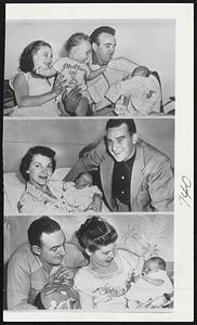Phillies go for Fillies - Three members of the Philadelphia Phils added baby girls to their family rosters in August. (Top) Bubba Church and wife Peggy give one-year old Cindy a peek at new arrival Carol Lisa, born Aug. 17. (Center) Del and Lenmoer Ennis present Deborah who arrived last Wednesday. (Below) Del Wilber and wife Edna Mae get acquainted with Cynthia Jan, born Aug. 17.