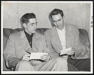 They Could Waugh-Hoo for Joy, if they were so in-Kline-d, for few things perk up a traveling ballplayer more than mail from home. Ronnie Kline, left, and Jim Waugh, Pittsburgh Pirates hurlers, peruse their mail at the Hotel Kenmore as they pass the day waiting for tonight's game against the Braves.