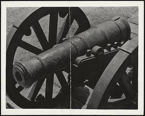 Salvaged from its long rest on the bottom of the York River this old cannon was once aimed at Washington's troops, during the final days of the War of the American Revolution. Of the type known as "swivel gun," it was part of the armament of the British men-o-war sunk by the fire of our French Allies during the Siege of Yorktown, Virginia. Mounted on a carriage constructed under the supervision of historical technicians of the National Park Service, the ancient weapon is displayed at Colonial National Historical Park, Virginia.