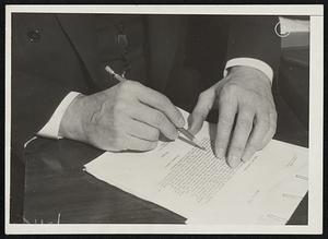 Hands in the New Deal. These are the hands through which pass millions of Uncle Sam's dollars. They belong to Jesse Jones, Chairman of the Reconstruction Finance Corporation, and are square and particularly wide at the base knuckles, with thick veins interlaced beneath the Texas-browned skin, and big thick-knuckled fingers which difficulty in turning pages one at the time. Often Chairman Jones sits quietly, in a curiously old-fashioned photograph pose, with a finger and thumb to his temple, of with hands slowly pounding his chair-arms, not particularly for emphasis, but almost unconsciously.