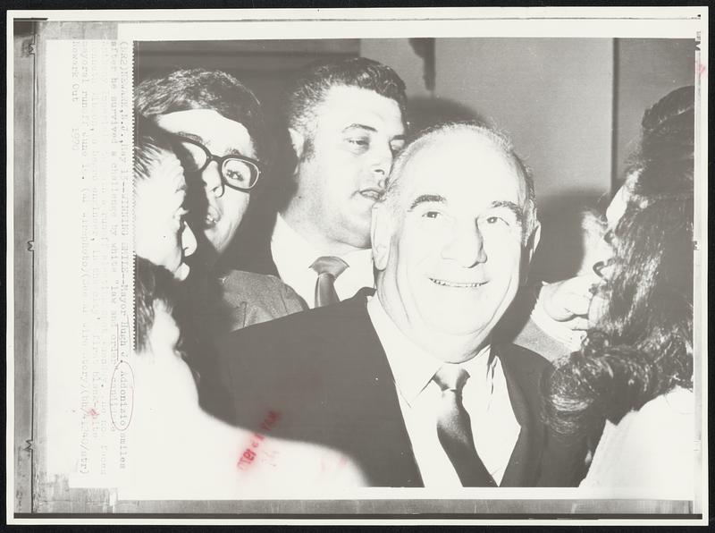 Winning Smile--Mayor Hugh J. Addonizio smiles after he survived a challenge by white "law and order" candidate Anthony Imperiale to gain a runoff election spot Tuesday. He now faces Kenneth Gibson, a Negro engineer, in the city's first black-white mayoral runoff June 16.