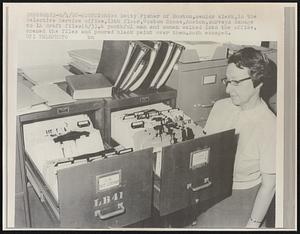 Miss Betty Fisher of Boston, senior clerk, in the Selective Service office, 11th floor, Custom House, Boston, surveys damage to 1A draft files (6/3). A youthful man and woman walked into the office, opened the files and poured black paint over them. Both escaped.