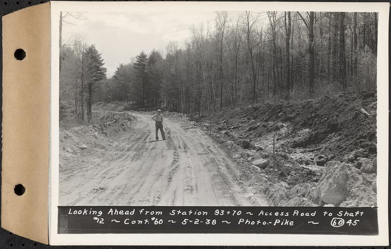 Contract No. 60, Access Roads to Shaft 12, Quabbin Aqueduct, Hardwick and Greenwich, looking ahead from Sta. 93+70, Greenwich and Hardwick, Mass., May 2, 1938