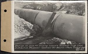 Contract No. 80, High Level Distribution Reservoir, Weston, Sta. 100 dam 5 showing concrete stopwall, high level distribution reservoir, Weston, Mass., Nov. 28, 1939