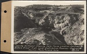 Contract No. 80, High Level Distribution Reservoir, Weston, looking northwest showing gatehouse location Contract 80 before blast, high level distribution reservoir, Weston, Mass., Jan. 30, 1940