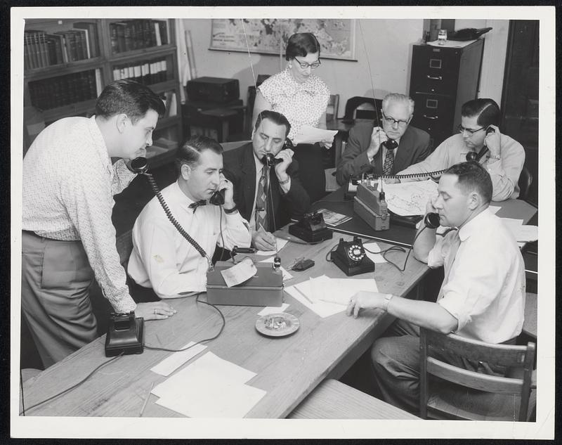 Food Safety Team-Emergency operation to guard foods from flood damage were carried out by this staff of the State Food and Drug Administration. Left to right, Leon LaFreniere, Paul Walsh, Ralph Cooper, Mildred Miller, Malcolm McCabe, State secretary of the Mass. Retail Grocers' Association; George A. Michael, State director of the Food and Drug Administration; Rupert Long.