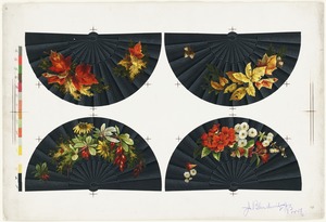 Four fan designs with black background and floral decoration