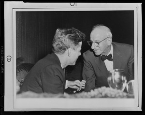 Jimmy Durante clowns around with JFK at Boston banquet