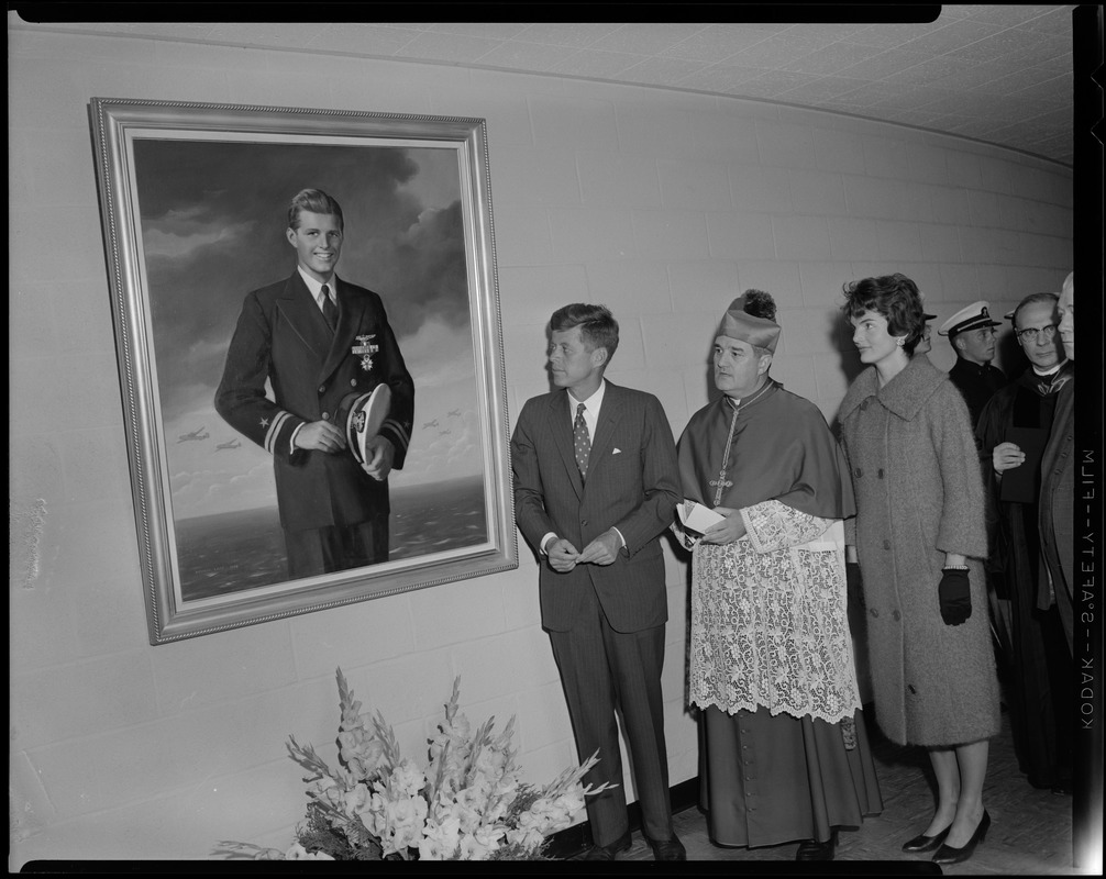 JFK stands with Jackie & Cardinal Wright at dedication of portrait of Joseph Kennedy, Jr.