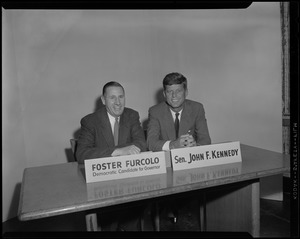 JFK with Foster Furcolo during TV appearance in which JFK failed to endorse Furcolo possibly causing his loss to Saltonstall