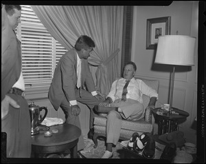 JFK tries to get Sen. Earl Long of LA's vote for V.P. in Long's room in Chicago