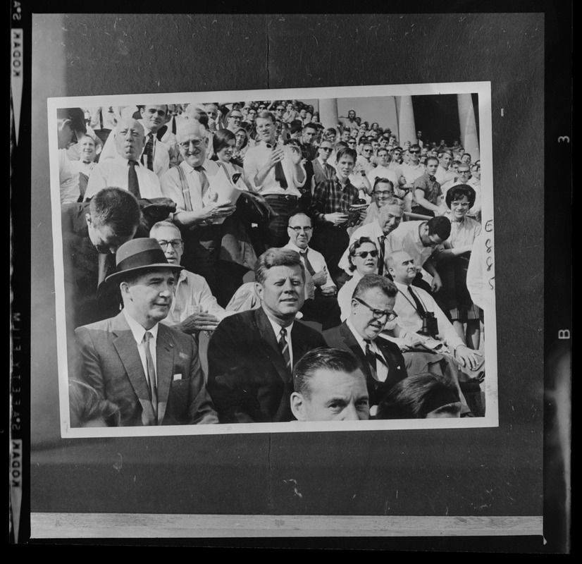 JFK at Harvard Stadium watching football game with Dave Powers & Larry O'Brien