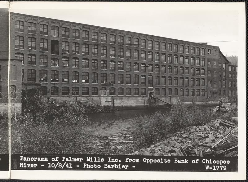 Panorama of Palmer Mills Inc., from opposite bank of Chicopee River