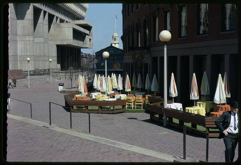 Outdoor seating, Boston City Hall and Faneuil Hall in background