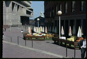 Outdoor seating, Boston City Hall and Faneuil Hall in background