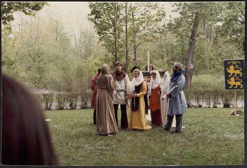 Maypole and costumed actors/musicians- Friends of Lawrence Library, at Lawrence Library