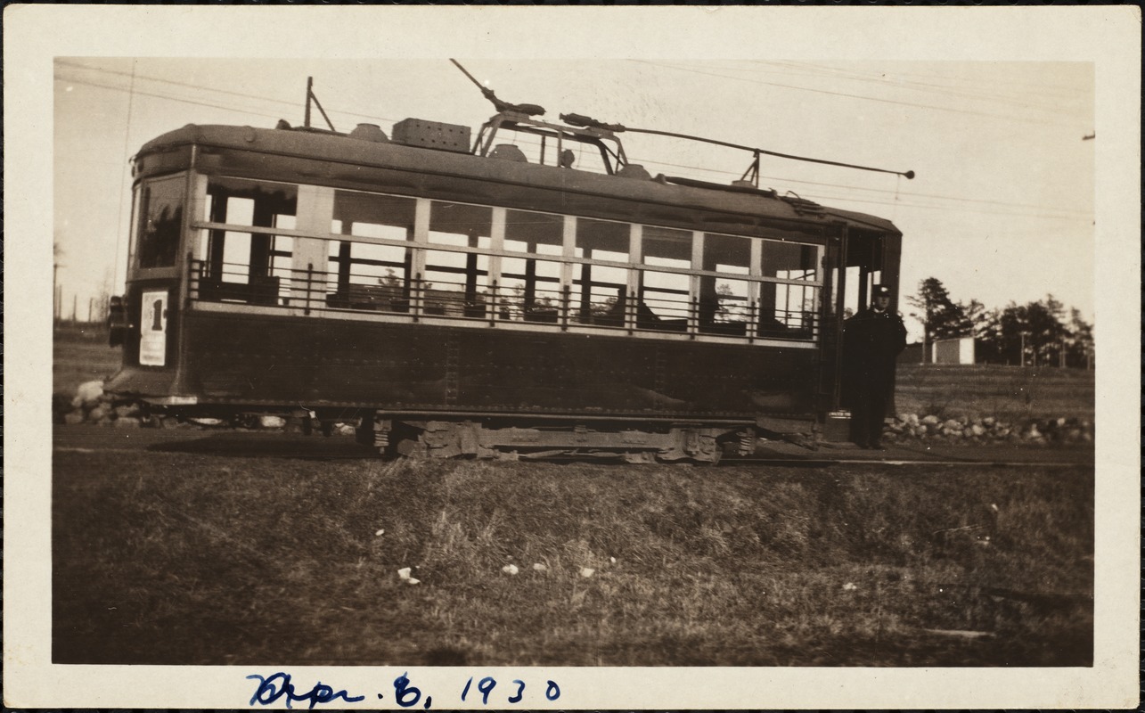 Apr. 6, 1930. Ira H. Goodhue Sr. on EM St. RR Co. Town Farm Line at the Methuen town farm, end of the line to Pelham, NH