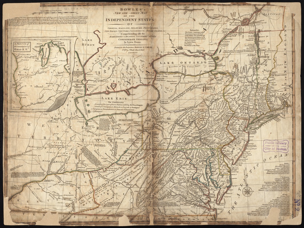 Bowles's new one-sheet map of the independent states of Virginia, Maryland, Delaware, Pensylvania, New Jersey, New York, Connecticut, Rhode Island, &c. comprehending also the habitations & hunting countries of the confederate Indians