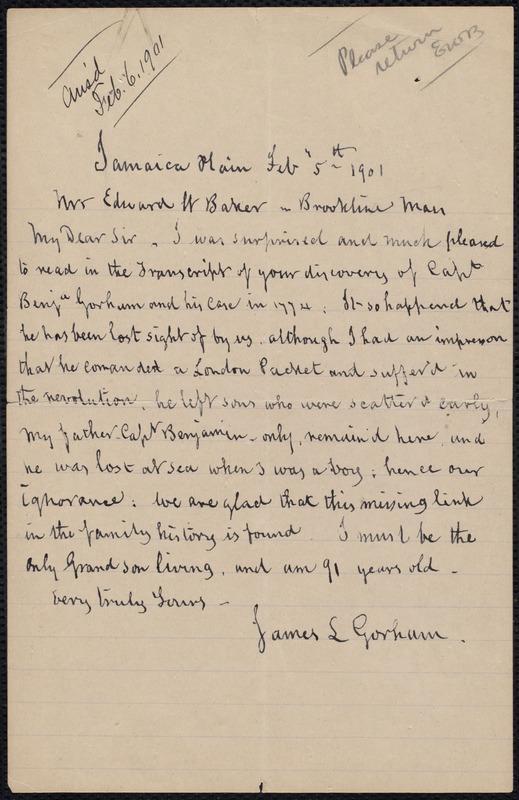 Letter to Edward Baker regarding Capt. Benjamin Gorham, 2/5/1901