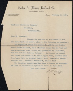 Letter to Professor Charles S. Sargent regarding the history of the Charles River Branch railroad, 2/11/1913