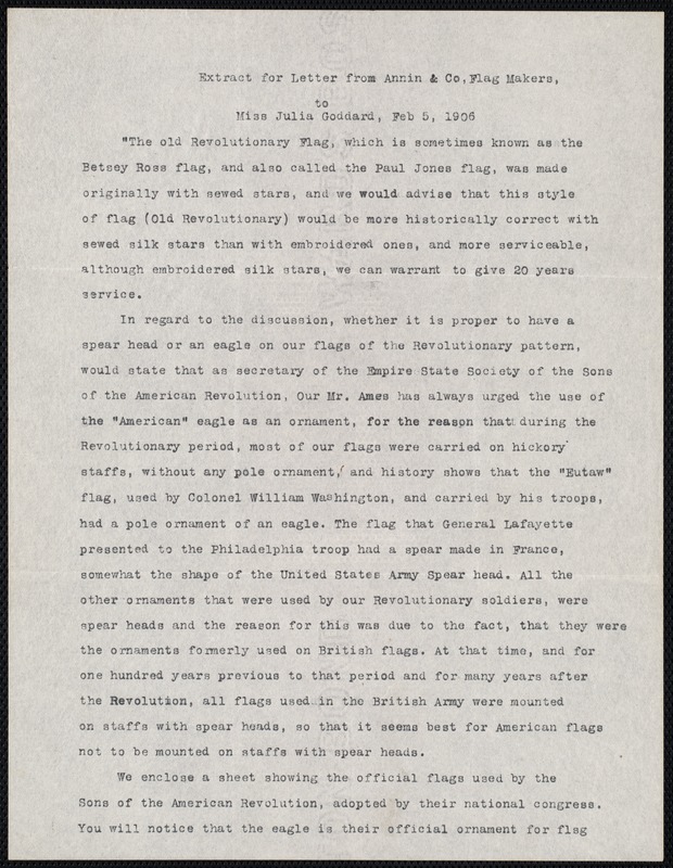 Extract of letter from Annin & Co., flag makers to Miss Julia Goddard, 2/5/1906