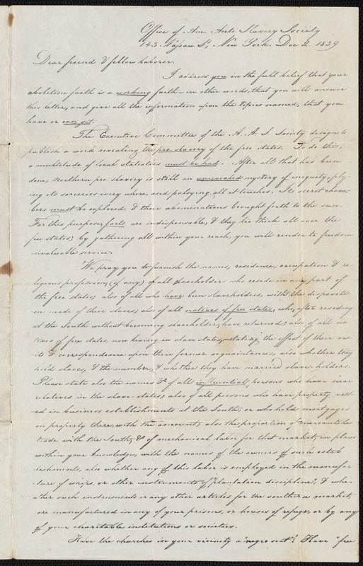 Letter to Jasper Beament on behalf of the American Anti Slavery Society