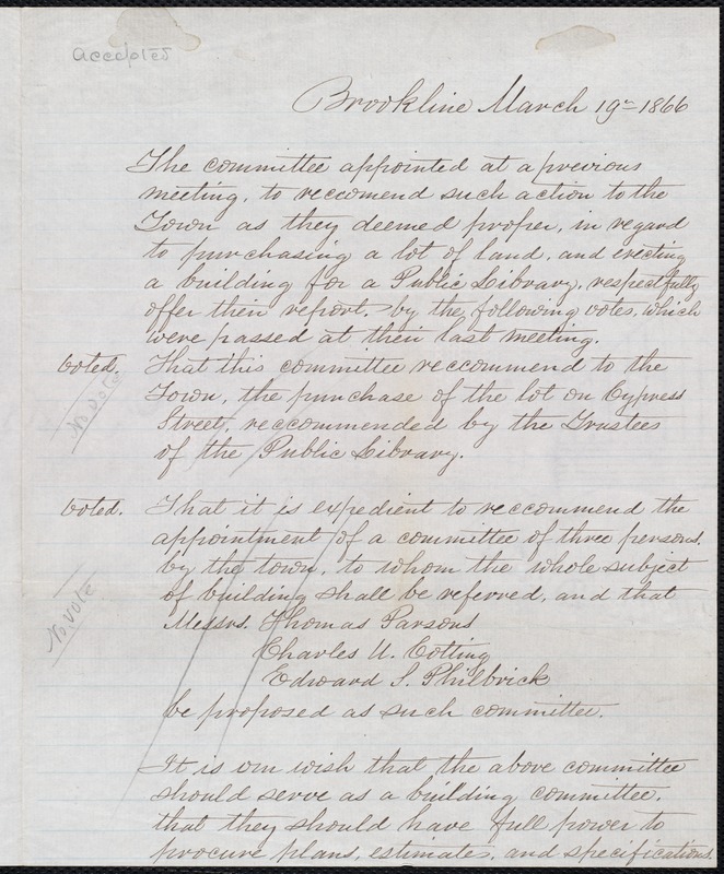 Minutes of committee meeting regarding construction of public library building, 3/19/1866