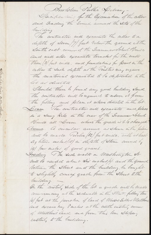 Specifications for excavation of cellar and grading for library building