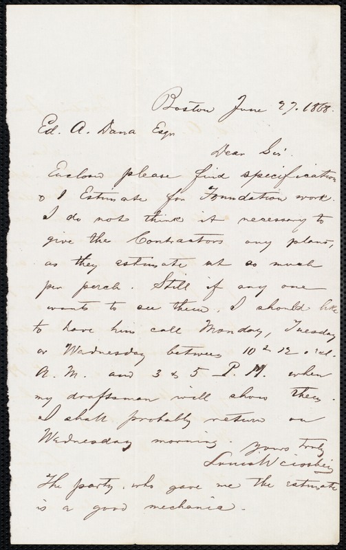 Letter regarding estimates for library building, 6/27/1868