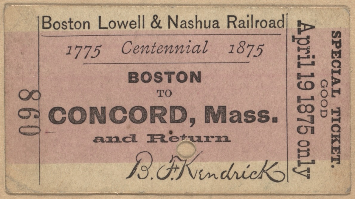 Centennial ticket for a round trip from Boston to Concord, MA
