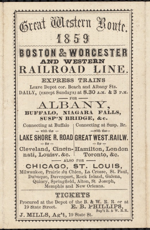 Schedule for Boston and Worcester and Western Railroad Line, Great