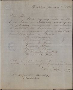 Letter informing Dr. A. Shurtleff of appointment of committee to petition for railroad service between Brookline and Boston