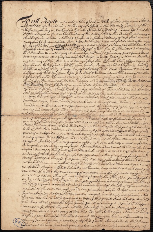 Deed of land from John Devotion to Benjamin White, John and William "Acres"