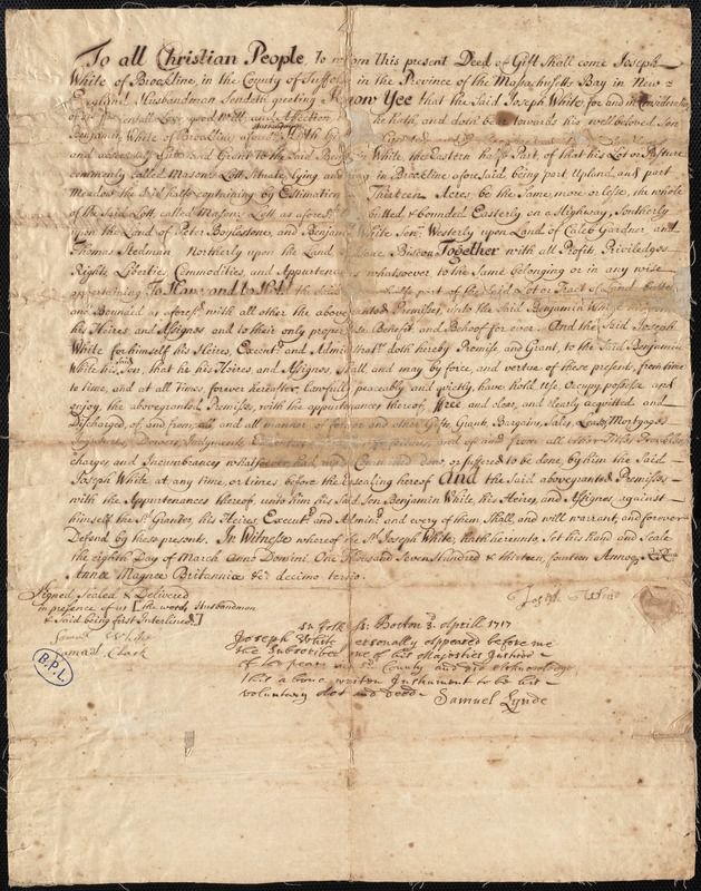 Deed of land from Joseph White to his son, Benjamin