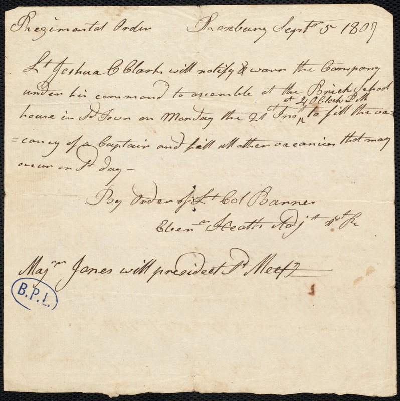 Regimental order to Lt. Joshua C. Clark for meeting to fill vacancy of captain and officers