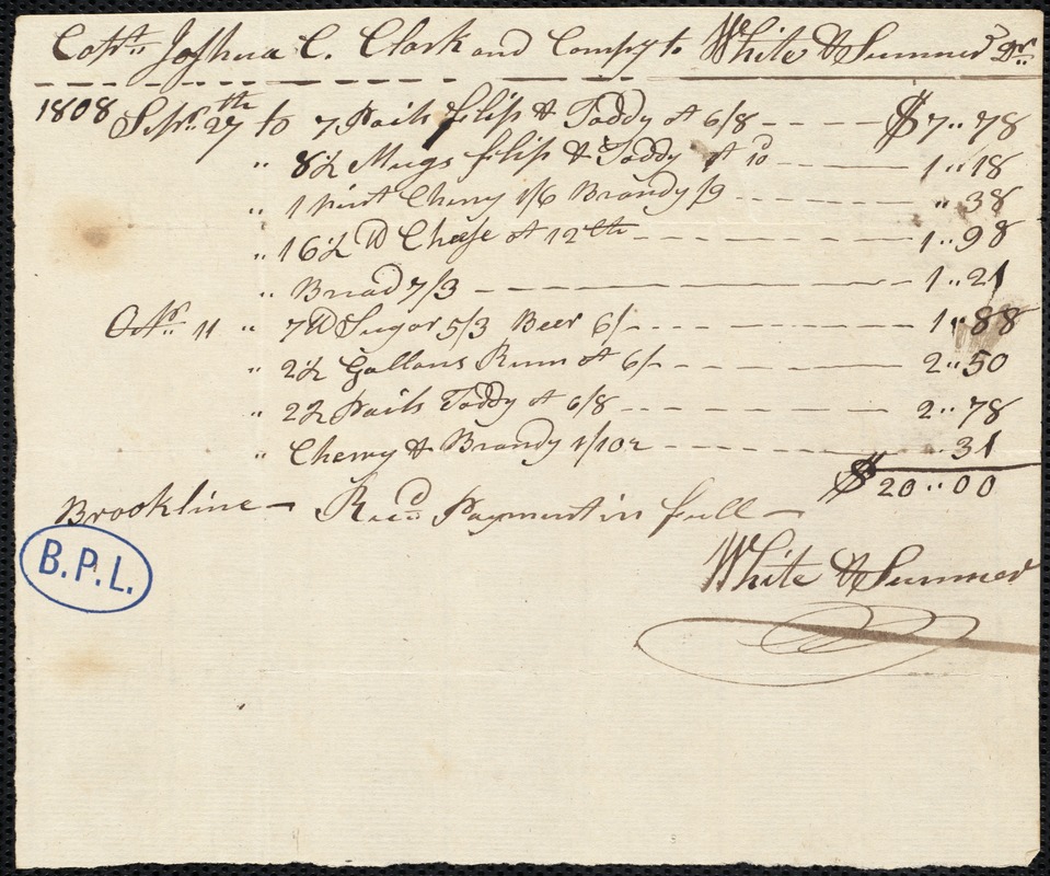 Account of Cpt. Joshua Clark and Company with White and Sumner