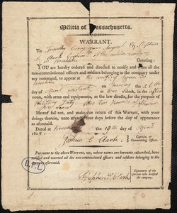 Warrant to Timothy Corey and Stephen Sharp of militia company to warn all officers & men to appear