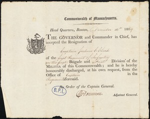 Resignation of Captain Joshua C. Clark from the 1st Regiment of Infantry