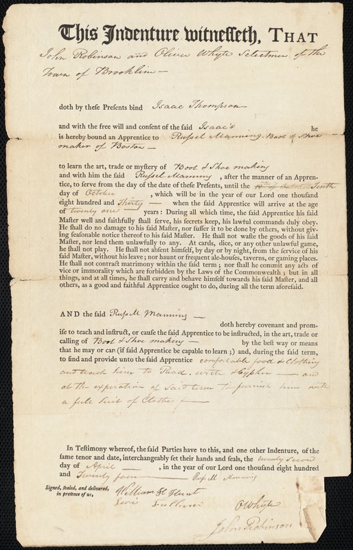 Indenture of Isaac Thompson to Russell Manning, shoemaker
