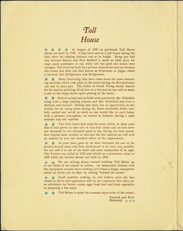 The Toll House menu