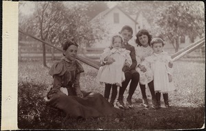 Cora Sawyer (seated on ground), Sadie Sawyer, Mildred Prescott Luce, Carl Sawyer (in hammock), Ralph Sawyer (standing)