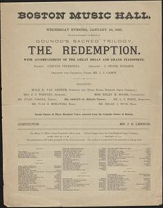 Boston Music Hall, Gounod's sacred trilogy, The Redemption, Wednesday evening, January 24, 1883