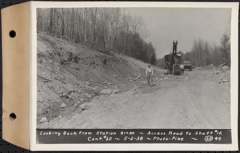 Contract No. 60, Access Roads to Shaft 12, Quabbin Aqueduct, Hardwick and Greenwich, looking back from Sta. 91+00, Greenwich and Hardwick, Mass., May 2, 1938