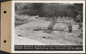 Contract No. 66, Regulating Dams, Middle Branch (New Salem), and East Branch of the Swift River, Hardwick and Petersham (formerly Dana), looking easterly at dam 3 from Sta. 47+00, 20 feet length, middle branch regulating dam, Hardwick, Mass., Jul. 25, 1939