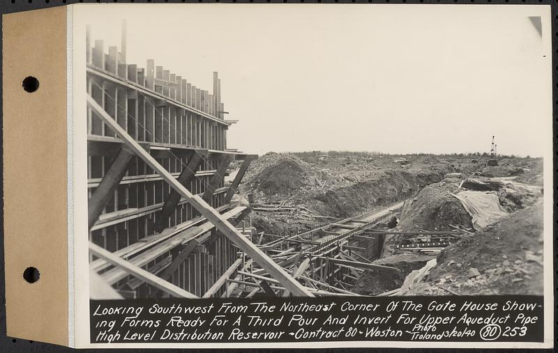 Contract No. 80, High Level Distribution Reservoir, Weston, looking southwest from the northeast corner of the gatehouse showing forms ready for a third pour and invert for upper aqueduct pipe, high level distribution reservoir, Weston, Mass., Mar. 20, 1940