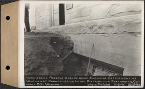 Contract No. 80, High Level Distribution Reservoir, Weston, Norumbega Reservoir gatehouse showing settlement at southeast corner, high level distribution reservoir, Weston, Mass., Nov. 6, 1940